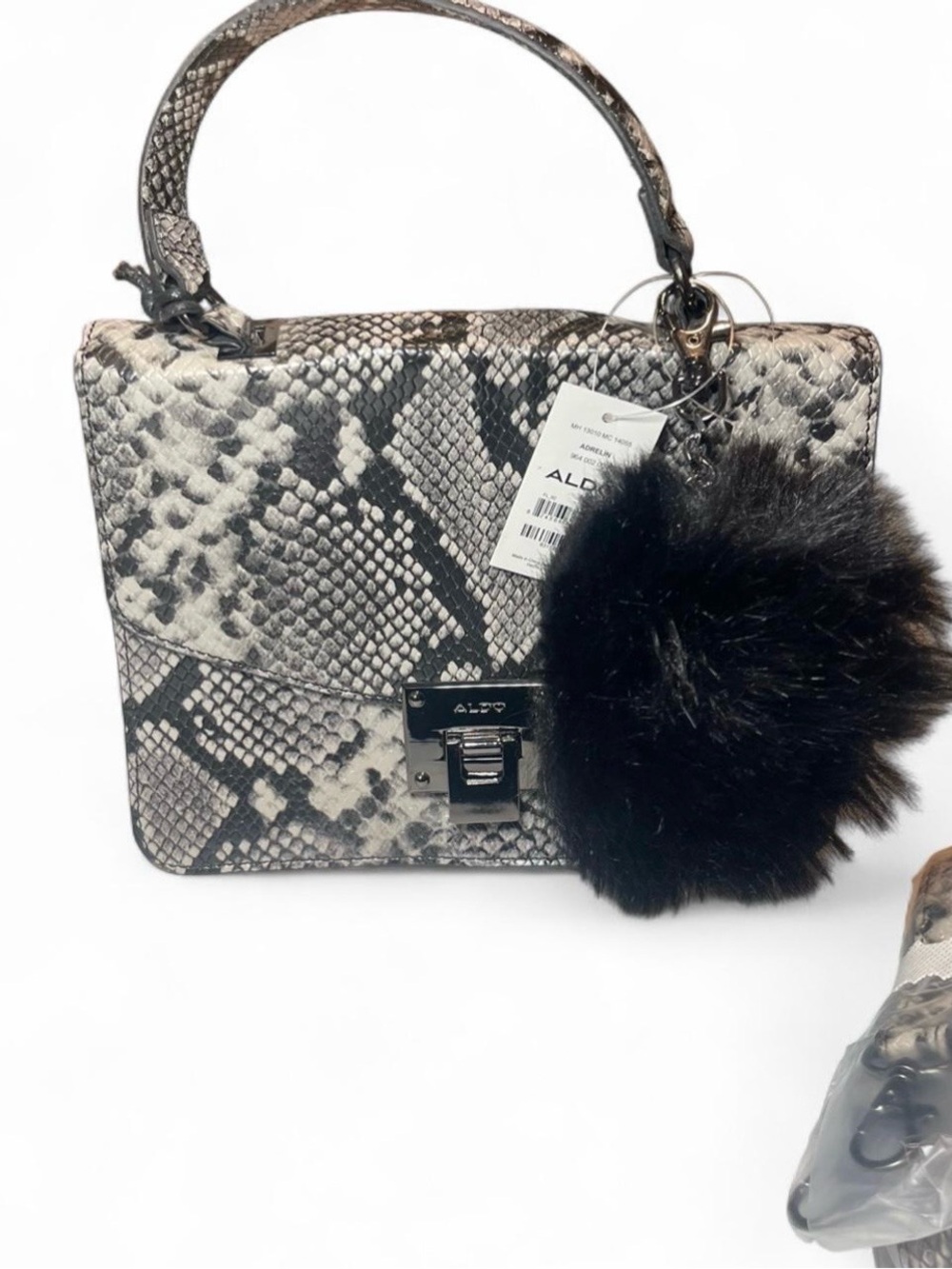 Aldo Black & Gray Snake-Print Top-Handle Satchel with Pompom